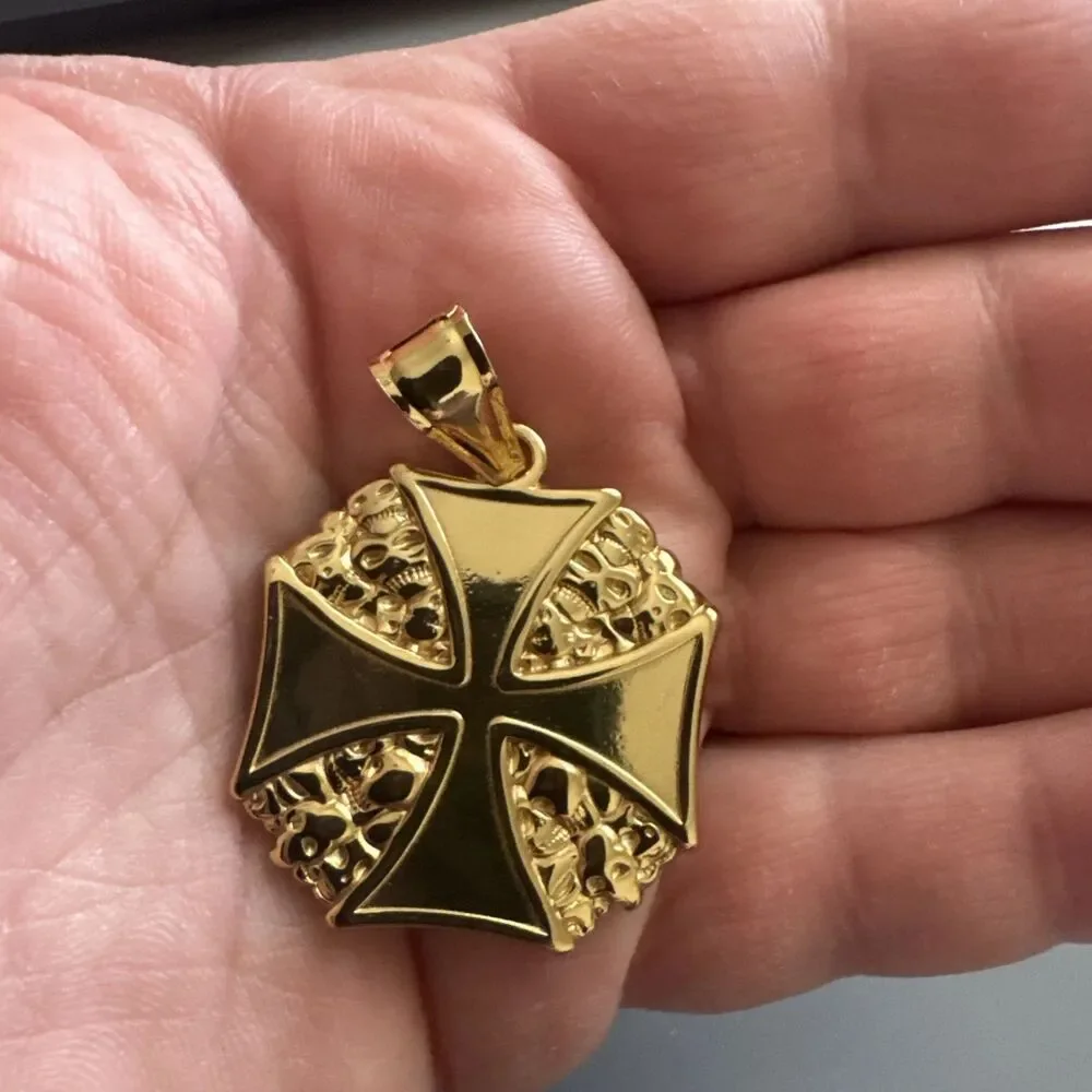Viking Nordic Cross Skull Pendant Stainless Steel 24 Inch Chain Faith Gold Plate